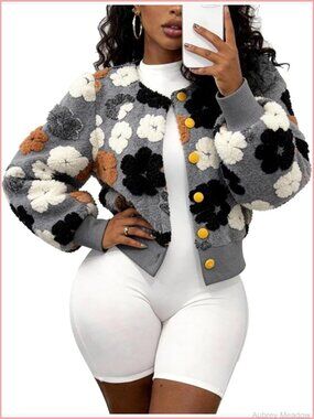 Cropped Floral Print Bomber Jacket Fleece Varsity Coat Puff Sleeve